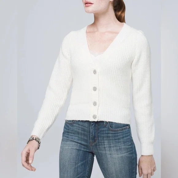 WHBM CROP white cardigan with rhinestone buttons and puff sleeve - Picture 13 of 13